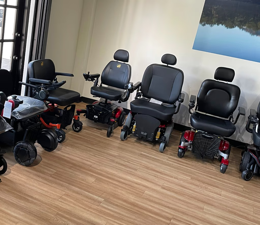 Power chairs lined up in the showroom